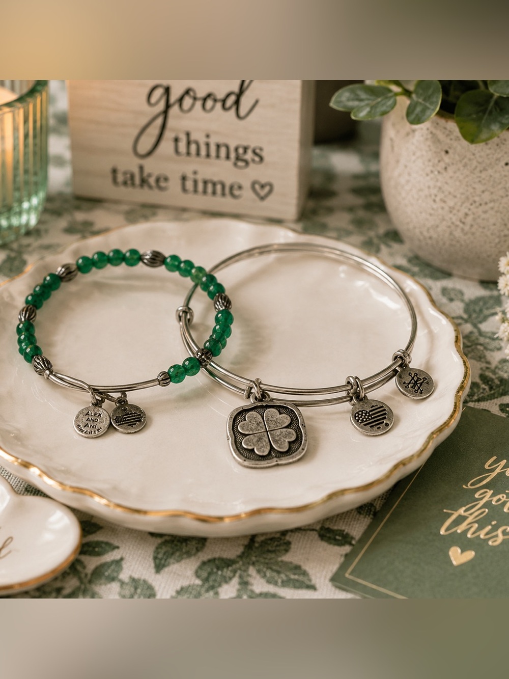 Silver-Tone Stacked Charm Bangle Bracelet Set with Green Beads